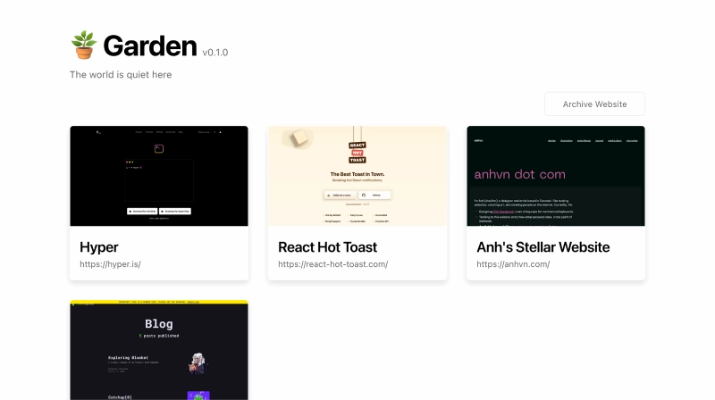 A screenshot of the Garden homepage with four archived websites