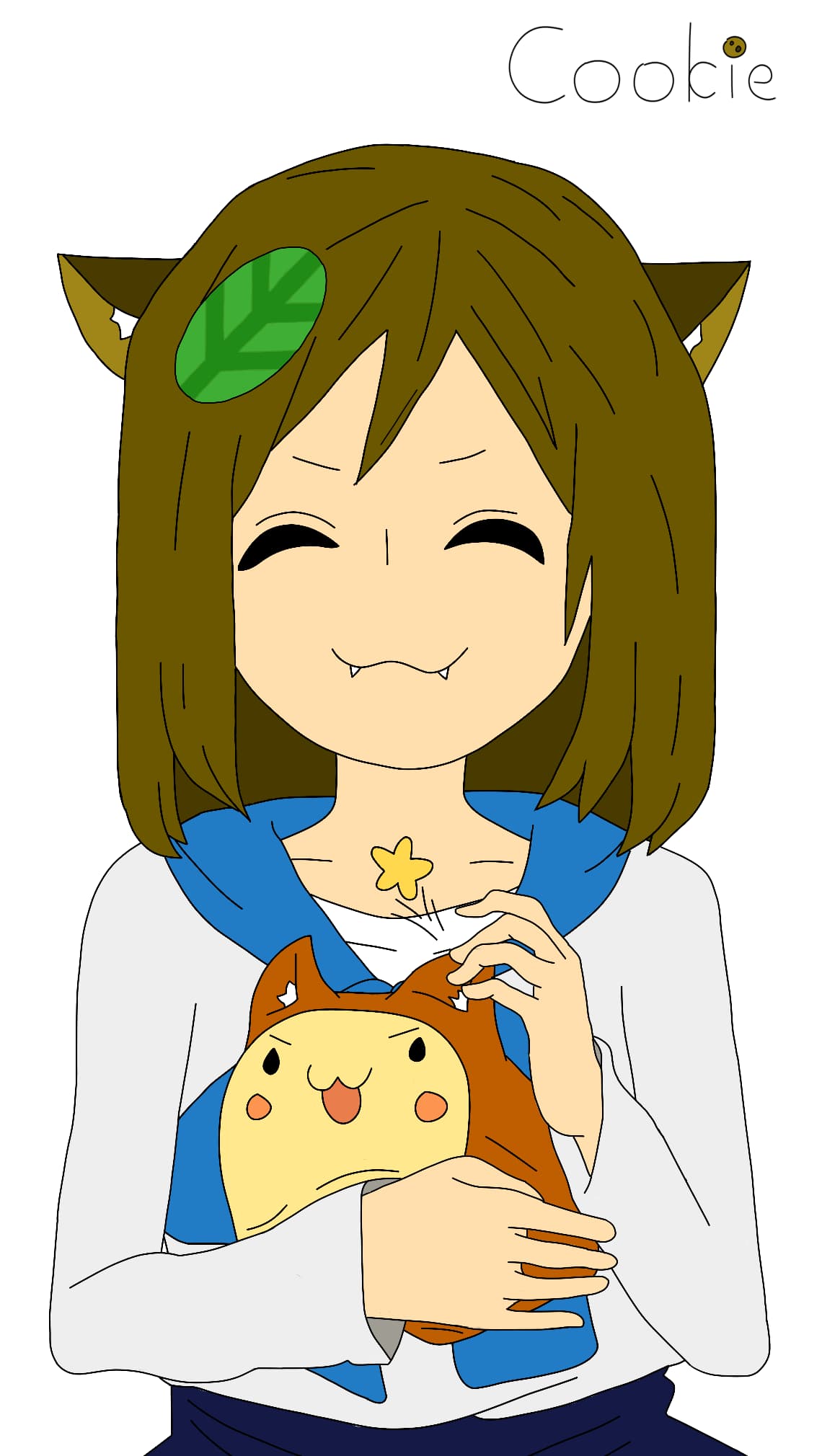 A colored portrait artwork of a light-skinned, smiling catgirl looking forward with shoulder-length straight brown hair with a hair tuft that comes down to right abofe her eyes, brown cat ears with white ear tufts, and my basil leaf design as a hairpiece. She's wearing a sailor uniform (loose, long-sleeved white shirt and a blue neckerchief), with the top of a dark blue skirt barely visible. She's holding a nekopan (an anthropomorphic bread with a cate face and ears) in her right hand and rubbing it's ear with her left hand.