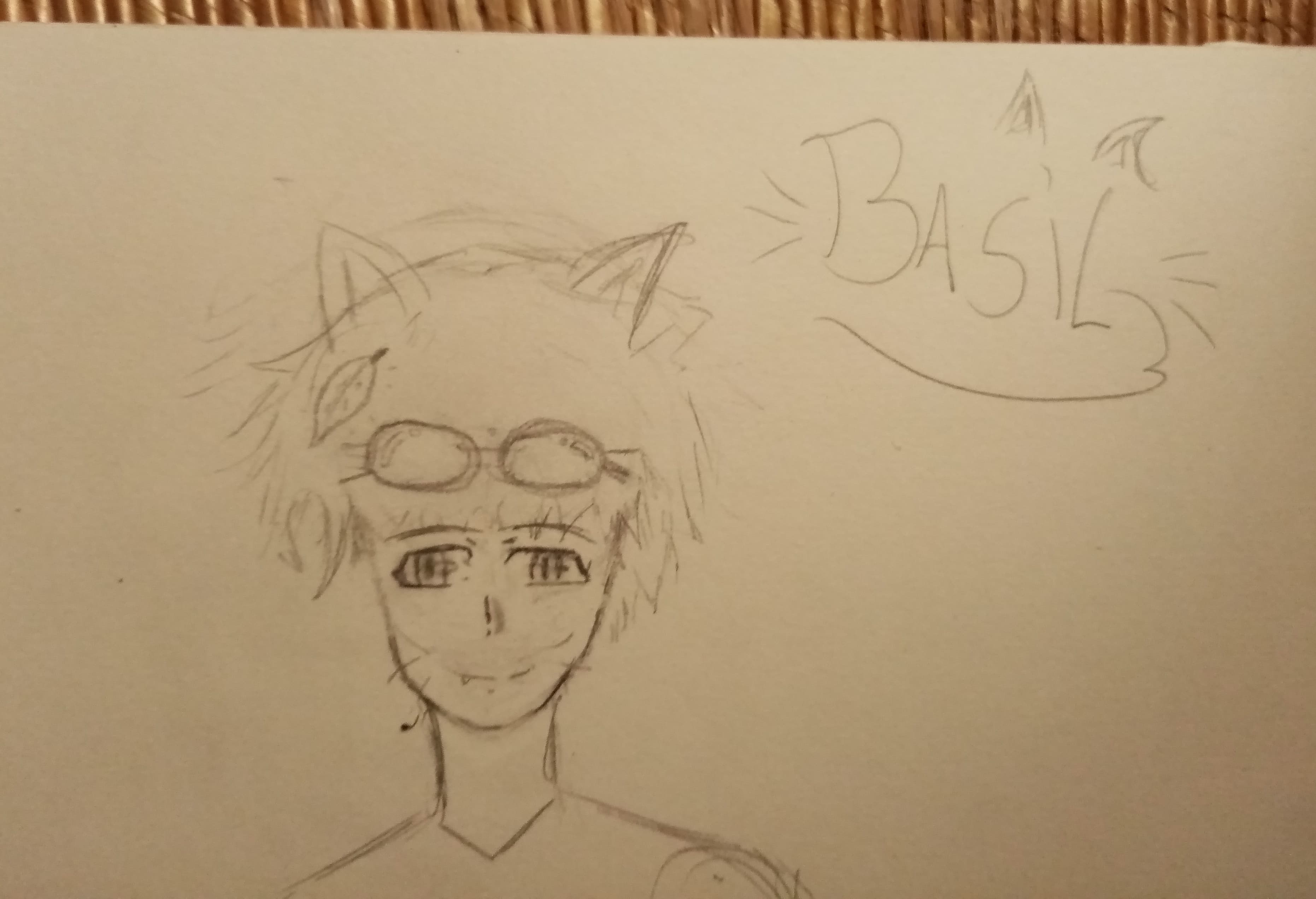 A photo of a sketch of a catgirl with a basil leaf in her messy hair, with goggles on her forehead. The word "Basil" is drawn in the top left, decorated with cat ears, whiskers, and a tail.