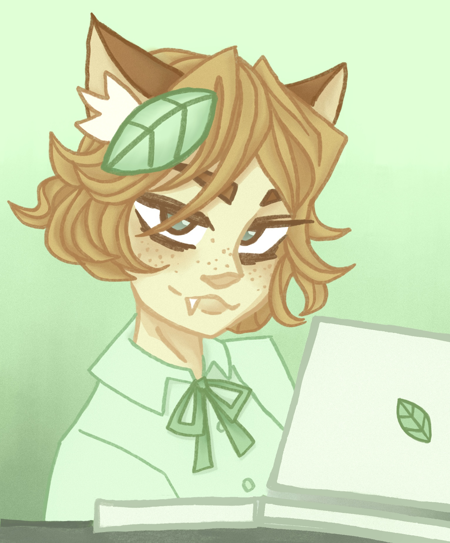 A headshot of a freckled catgirl with a basil leaf in her messy light brown hair behind a counter with a white laptop with the same basil leaf on it. She's wearing a light green collared shirt, with a green piece of ribbon tied into a bow around her collar. SHe is grinning, and a cat tooth is poking out.