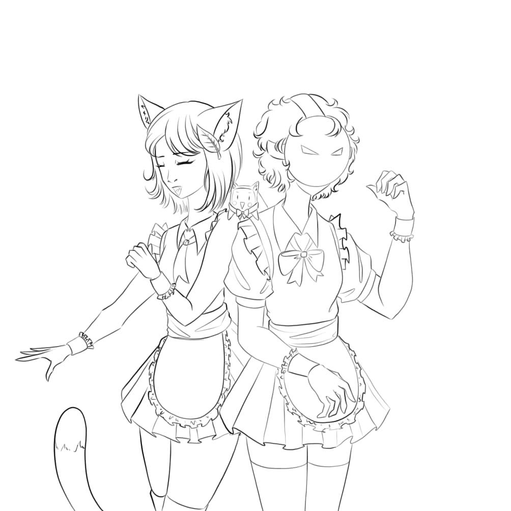 An outline drawing of a catgirl with a basil leaf in her hair . Both are wearing similar maid outfits. The catgirl's outfit has no shoulders, whereas masked character's has puffy shoulders. The catgirl has thigh-highs that go over her knees, and the masked character has thigh-highs that go further up on their legs. A nekopan (anthropomorphic bread cat) sits between their shoulders 