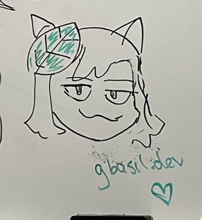 A photo of a drawing on a whiteboard of the head of a smug-looking catgirl with a large basil leaf on her hair. The basil leaf is colored green, and green writing on the bottom reads "gbasil.dev", and under that is a heart in green.