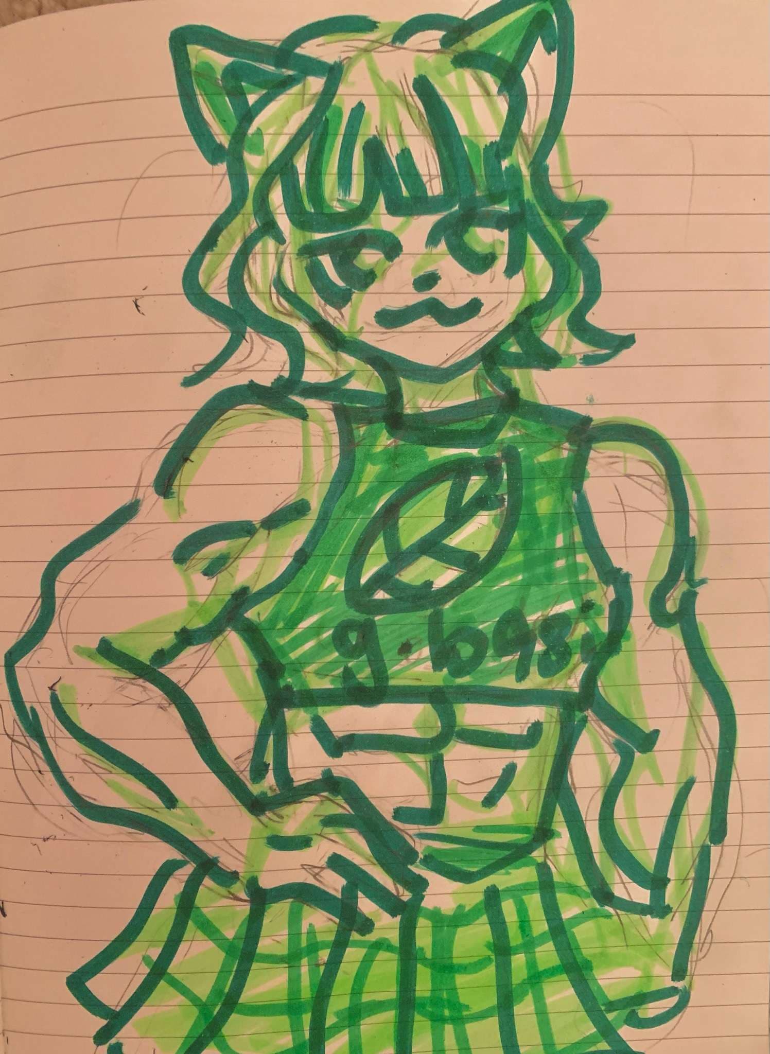 A photo of a drawing of a muscular, messy-haired catgirl wearing a light green, plaid, pleated skirt and a sports bra with "g.basil" written on it, and a basil leaf resembling my logo above the text. One muscular hand rests on her hip, and a six-pack is visible on her abdomen. The drawing is made with three shades of green markers, and a pencil sketch is visible below it.