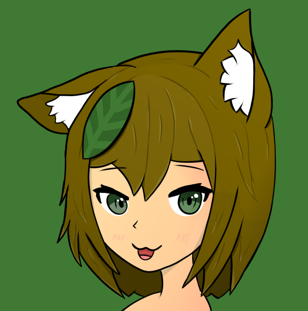 A digital drawing of a catgirl. She has green eyes and brown, shoulder-length hair, with two cat ears on top (the left cat ear (the one on her right) is tilted downward) and a basil leaf her hair. She's grinning with an open mouth.
