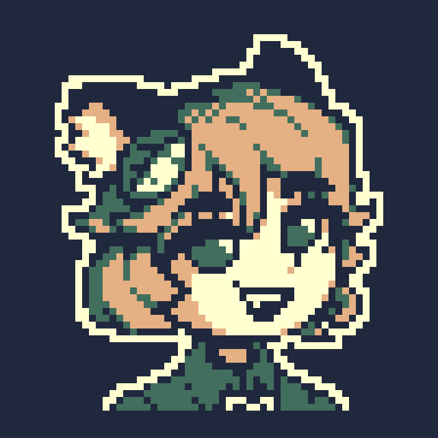 Pixel art of bust of a light-skinned catgirl wearing a dark green collared shirt, brown hair not quite to her shoulders, and an oval basil leaf in her hair, grinning.