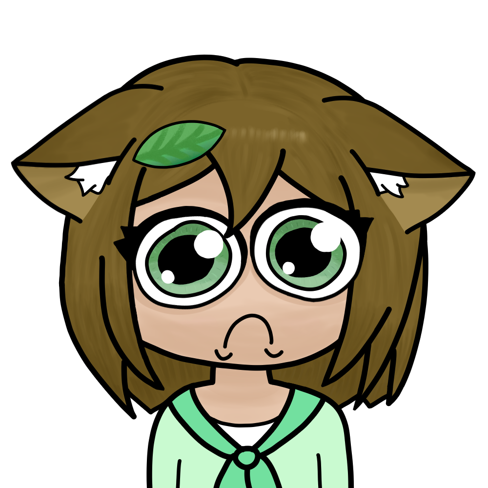 A drawing of a catgirl with the "sad SpongeBob" expression (large eyes and big frown). She has shoulder-length brown hair, large green eyes, brown cat ears, wearing a light green sailor top, has downturned ears, and has a green basil leaf in her hair.