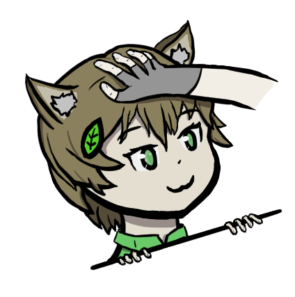 A digital drawing of a catgirl. She is light-skinned, has grayish-brown neck-length hair, a tiny basil leaf in her hair, green eyes, is wearing a green collared shirt, and is making a :3 (cat-like) expression. Only around the collar of the shirt and up is visible, as there is a ledge which she is holding on to. She is being pet by a light-skinned hand with a grey finderless glove.