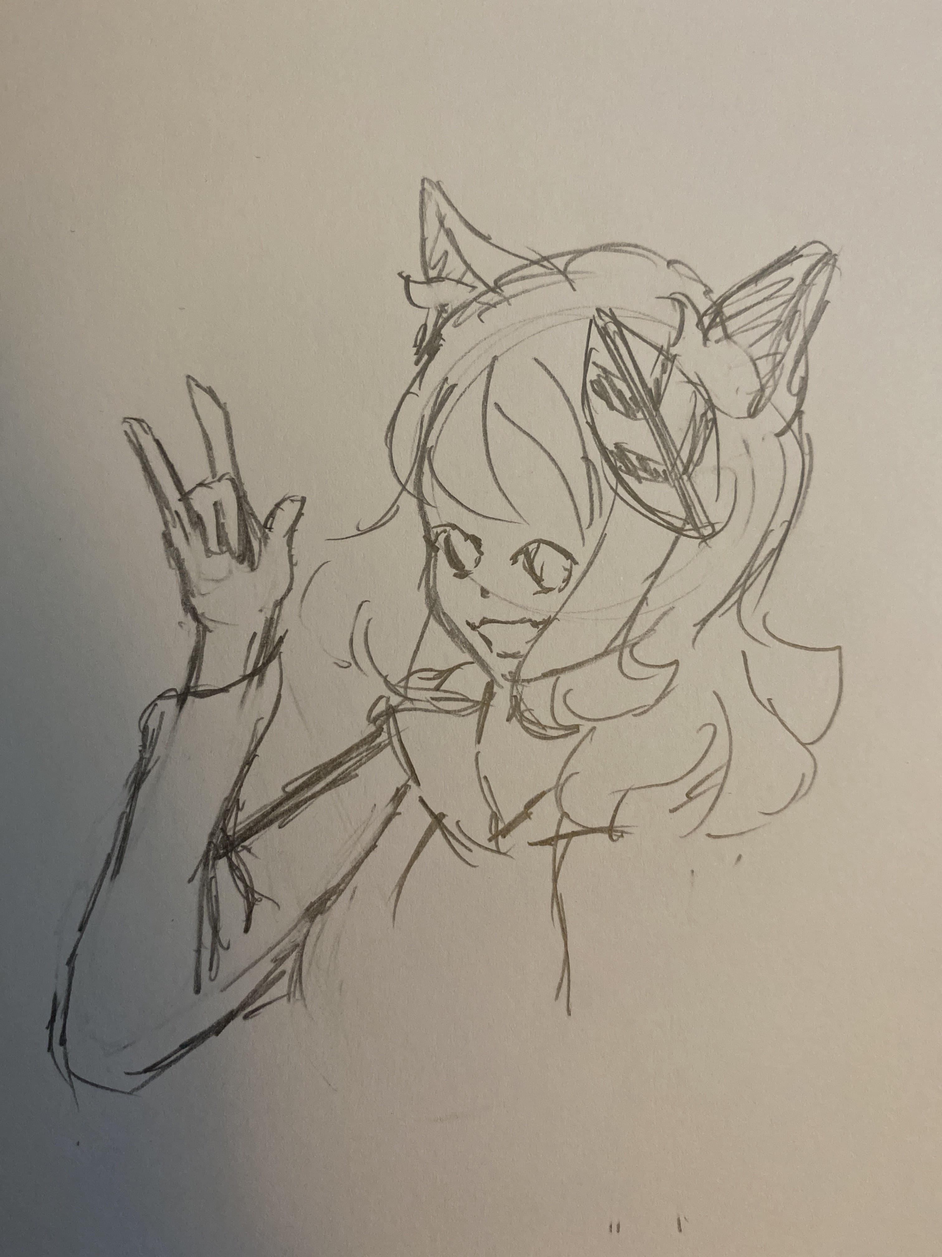 A photo of a pencil sketch of a catgirl holding one hand up in a "rock-and-roll" symbol (point, pinkie, and thumb fingers extended), with a pointy version of my basil leaf design in her hair. Her mouth is opened in a happy expression, and she is facing in a leftward direction. Her hair is slightly longer than shoulder length, and splays out near the bottom. She's wearing a long-sleeved shirt with a very loose collar.