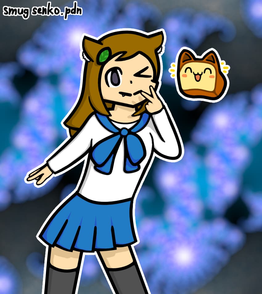 A full-body artwork of a light-skinned, smiling catgirl holding up a peace sign while looking forward and a nekopan (an anthropomorphic bread with a cate face and ears) happily jumping up next to her. She has shoulderblade-length straight brown hair and ears of same color match with barely visibly white ear tufts, and a pointy version of my basil leaf design in her hair. One hair tuft goes access her forehead, and her bangs come down to her shoulders. She's wearing a sailor uniform with a white shirt, blue neckerchief, blue skirt, and black thigh-highs. She's making a peace sign with her left hand over her left eye, which is closed in a wink. Her only visibly eye is colored a blackish-blue. Her right arm is pointed outwards, and her hip is jutted to the right. The catgirl and nekopan are outlined in white. The background is a blurred image of a fractal. The image is colored, and some shadding is applied around the edges. "smug senko.pdn" is written in the top right corner.