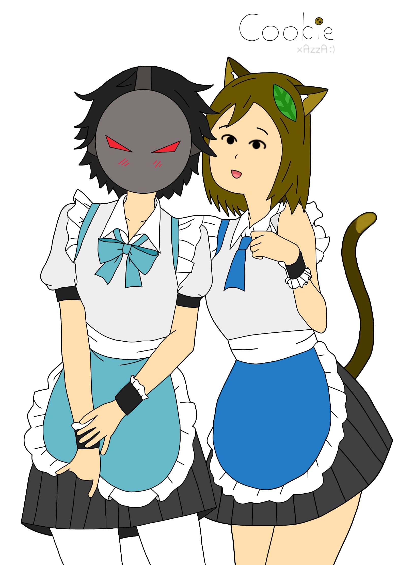 A brown-haired catgirl with a basil leaf in hair, enthusiastically wrapping her arm around another character, who has black hair and is wearing a grey metal mask with red triangle eyes strapped onto their face. The mask is blushing Both of them are wearing similar maid outfits with collars around their hands, and while both outfits are accented with the color blue, the catgirl's outfit uses a slightly darker shade. The black haired character looks uncomfortable and is tugging at the collar on their right hand with their left hand, while slightly lifting up their apron with their right hand. While the black-haired character is wearing white leggings and her maid outfit has puffy shoulders, the catgirl is not wearing leggings and her outfit doesn't have the puffy shoulders. The catgirl also has her brown tail visible behind her.