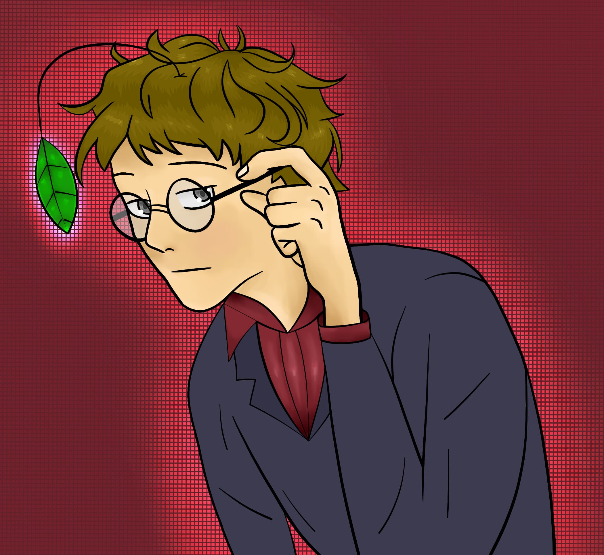 A portrait of a male-looking, bored, Helltaker-inspired character with his left hand adjusting his round glasses, over a dark red background. A basil leaf pokes out of the top of his head on a long shoot, like an anglerfish. He's wearing a bluish-black suit over a dark red collared shirt.