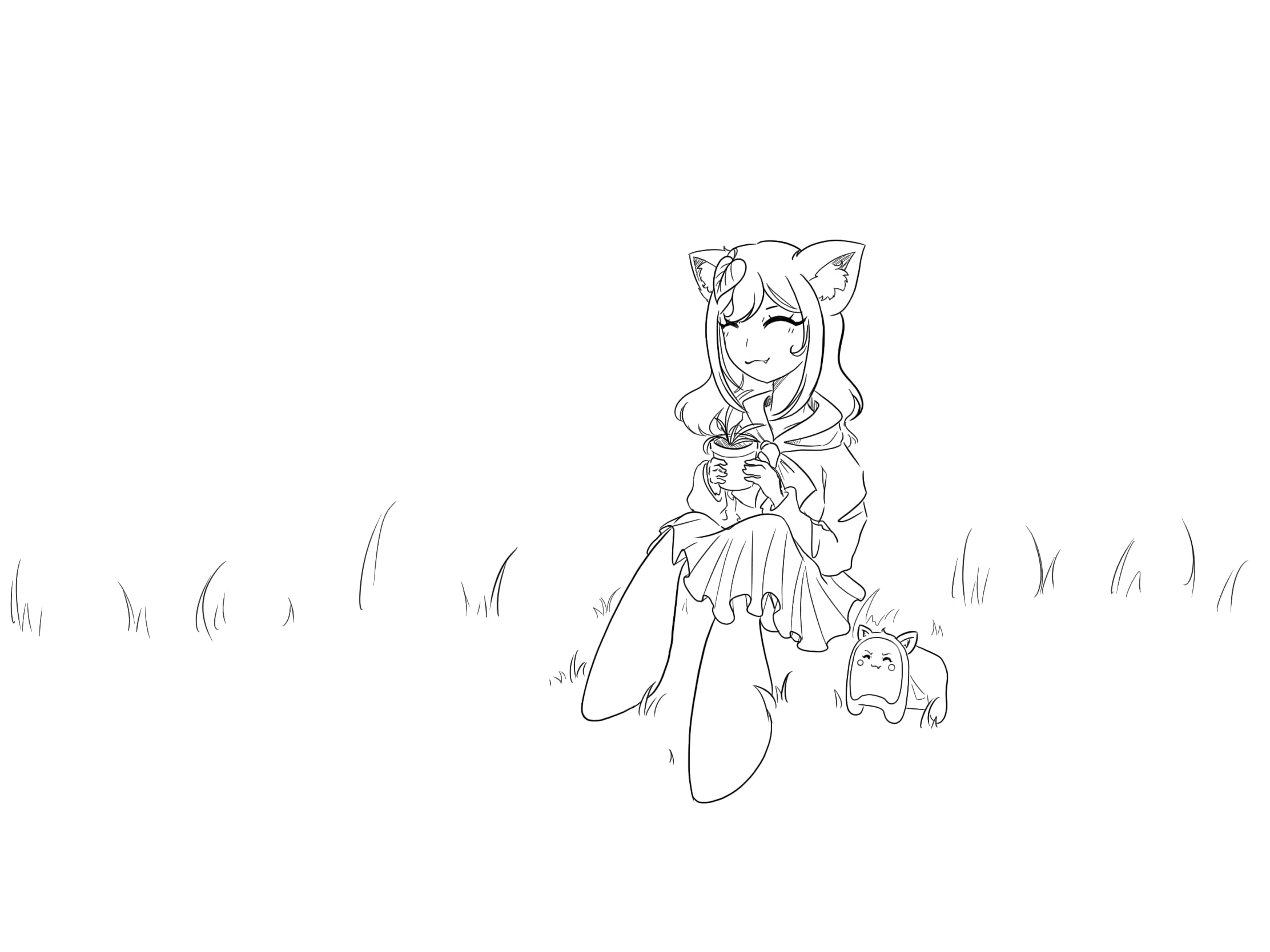 An outline of a catgirl with a realistic basil leaf in hair sitting on a field of grass, and a nekopan (anthropomorphic bread cat). She is wearing a sailor outfit and holding a potted plant.