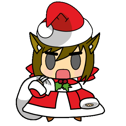 A Padoru-style GIF of a brown-haired grinning catgirl spinning around in a santa outfit.