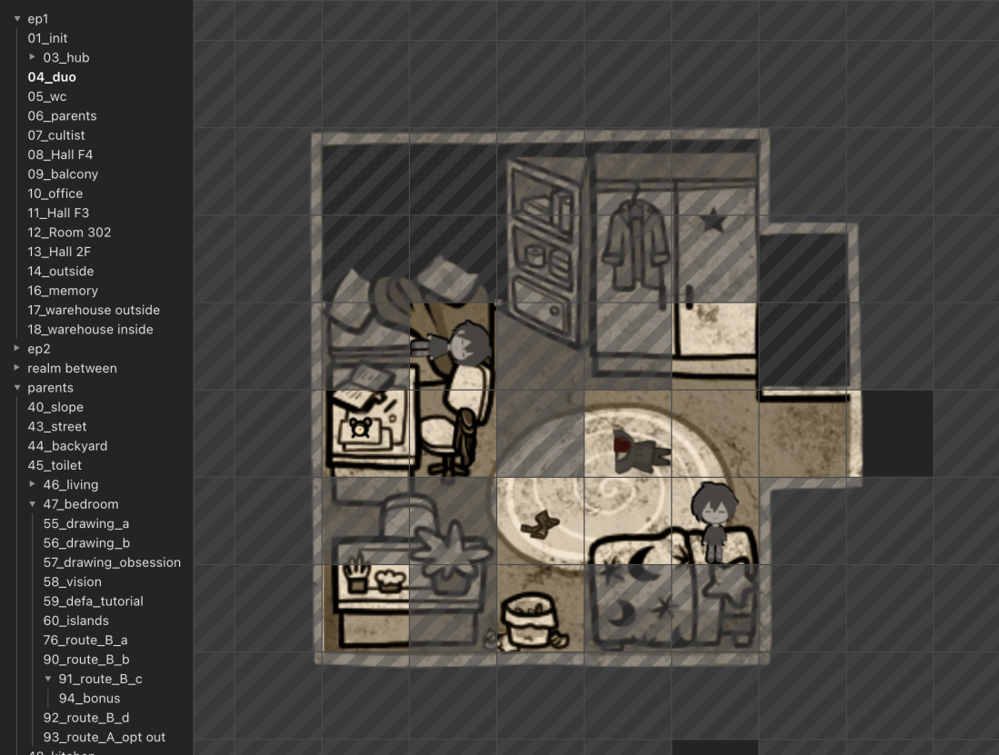 A grey editor, with a sidebar that shows all maps, and the siblings' room shown as selected. The background of the room is shown, with art for the event tiles, and empty tiles have a faint striped pattern on them.