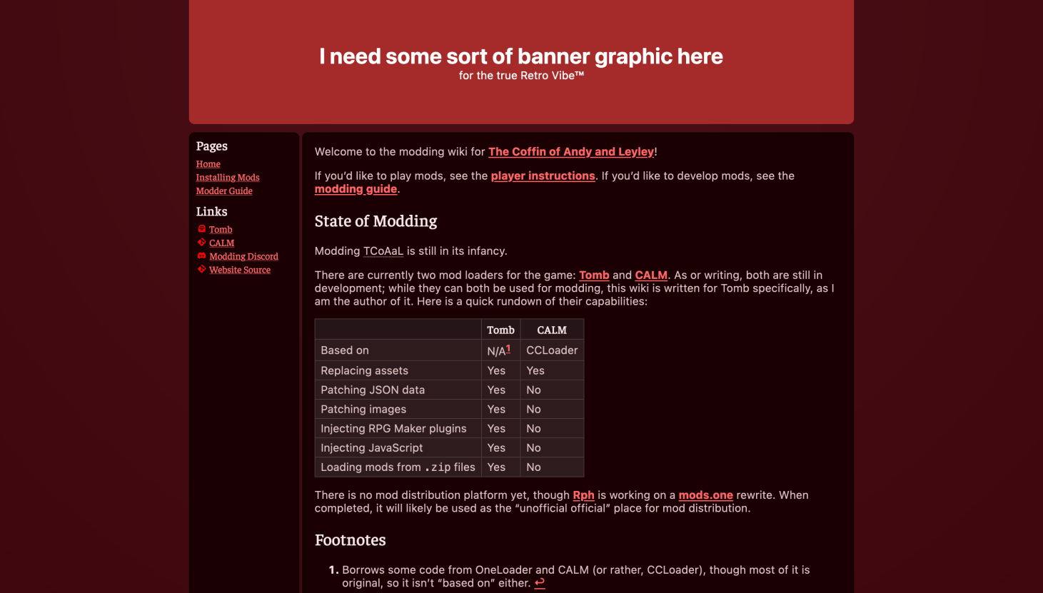 A basic website with a dark red background, a very dark red container for the body, a navigational sidebar, and a big placeholder banner. The content is centered into a central pillar, with padding on both sides. It looks quite flat and plain.