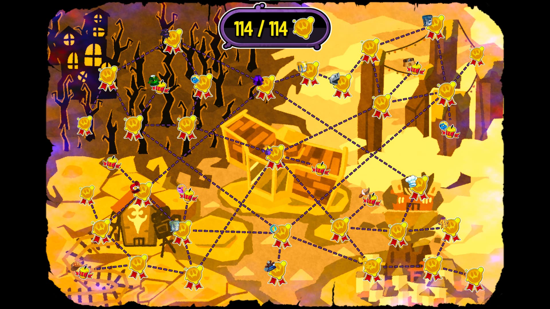 A screenshot of the fully completed Death Wish map, with 114 out of 114 stamps collected and with a golden background